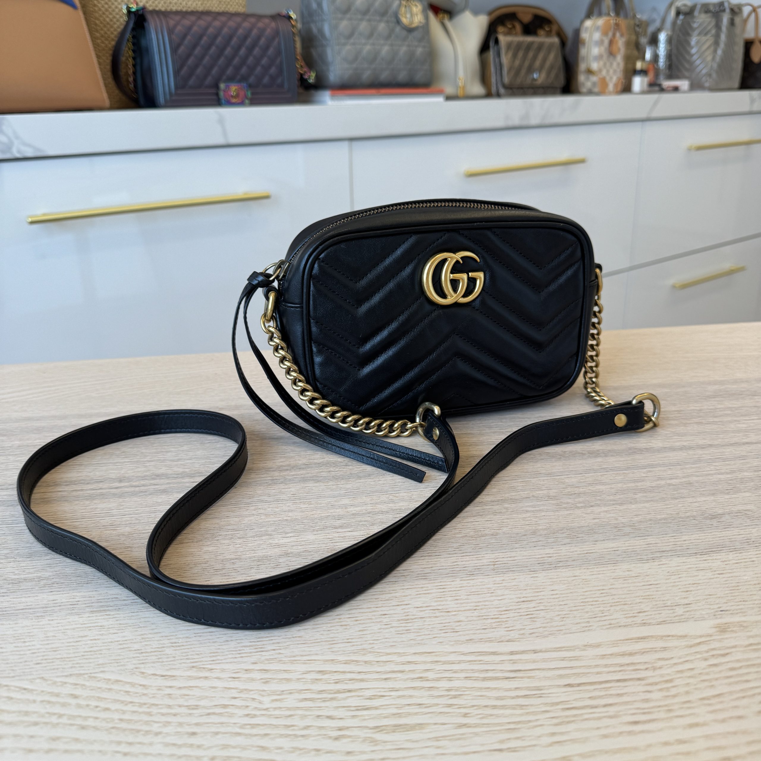 Gucci Calfskin Matelasse Mini GG Marmont Chain Shoulder Bag Porcelain Black and Gold Hardware