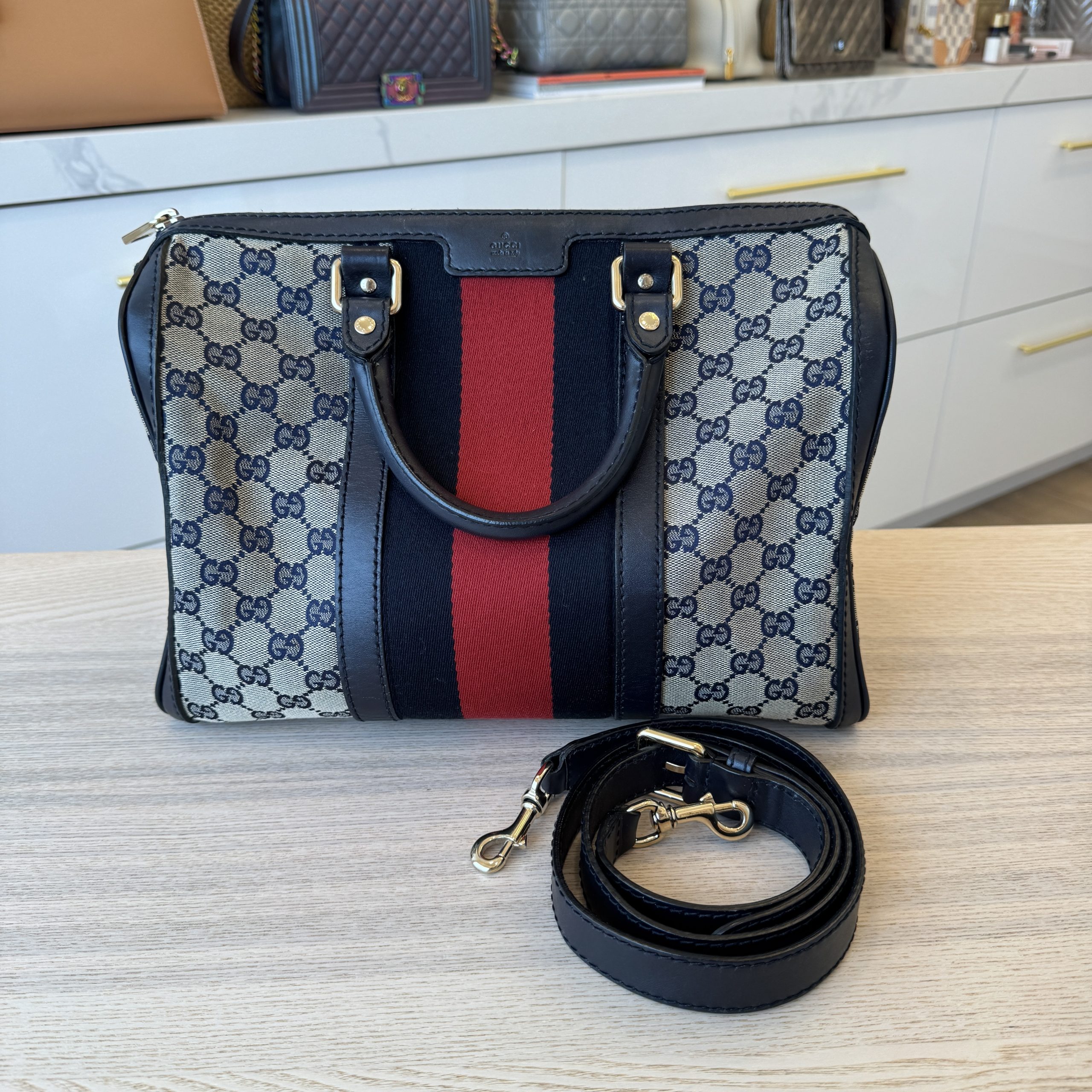 Gucci Monogram Vintage Web Medium Boston Navy