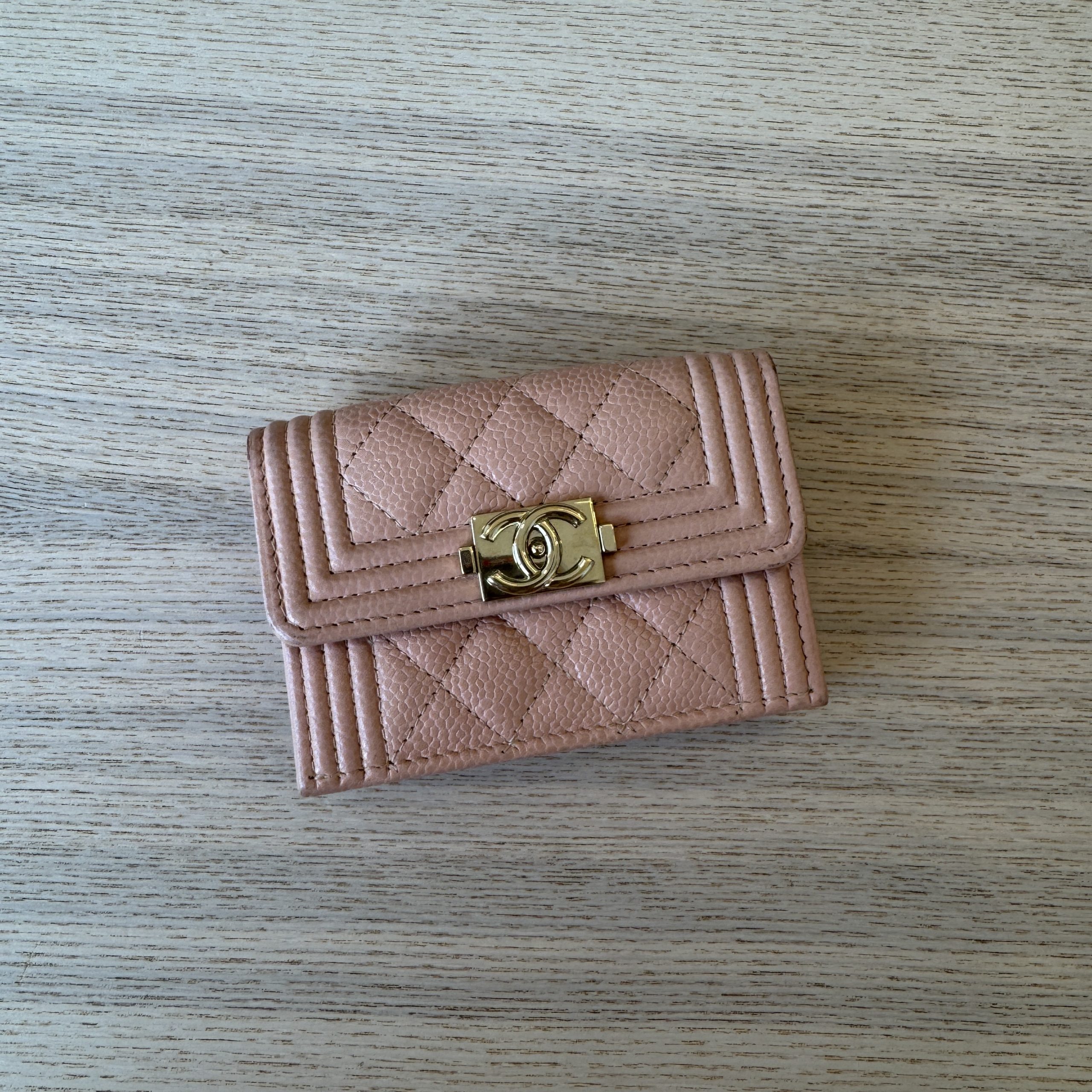 Chanel Caviar Quilted Compact Boy Wallet Light Pink Gold Hardware